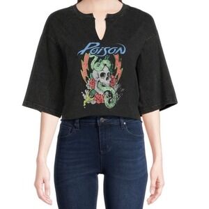 Poison Crop Top Women XXL‎ Black Snake Skull Graphic Tee Notched V Neck Juniors